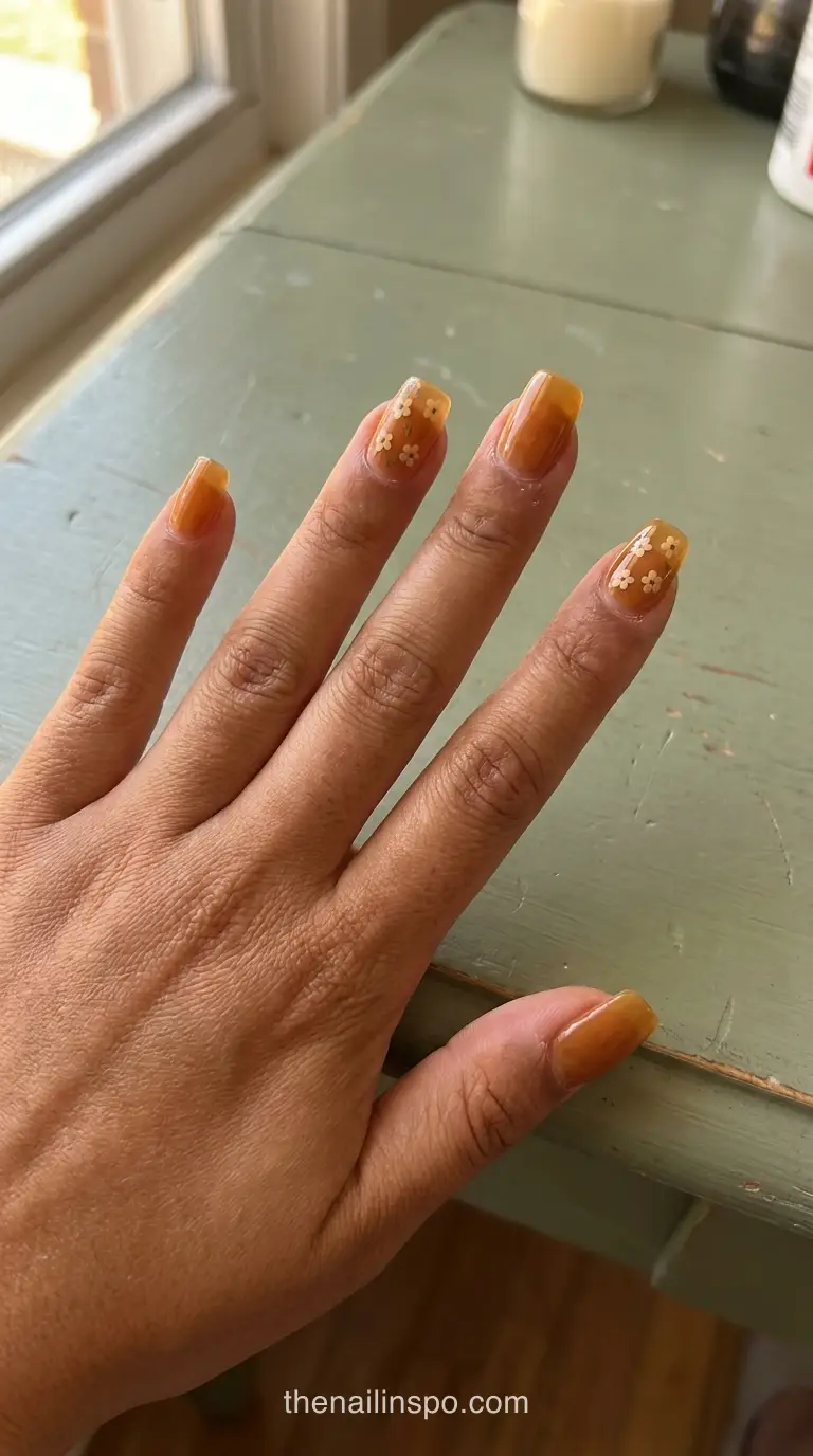 Amber Jelly Medium Square Floral Nails