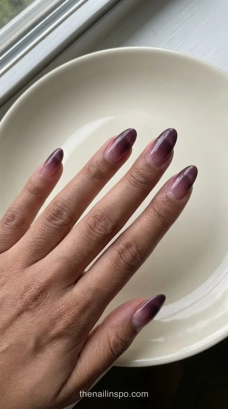 Aubergine Jelly Long Oval Ombre Nails