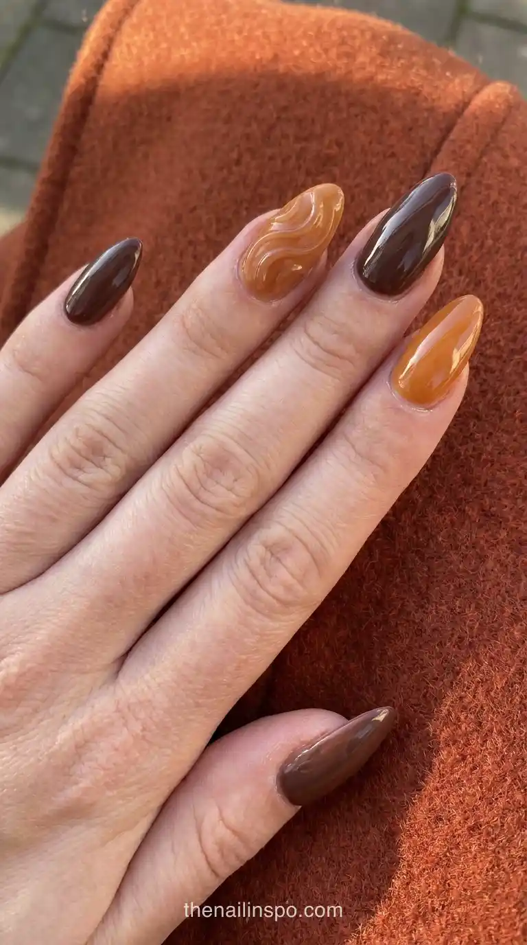Autumn Amber 3d Swirl Almond Nails