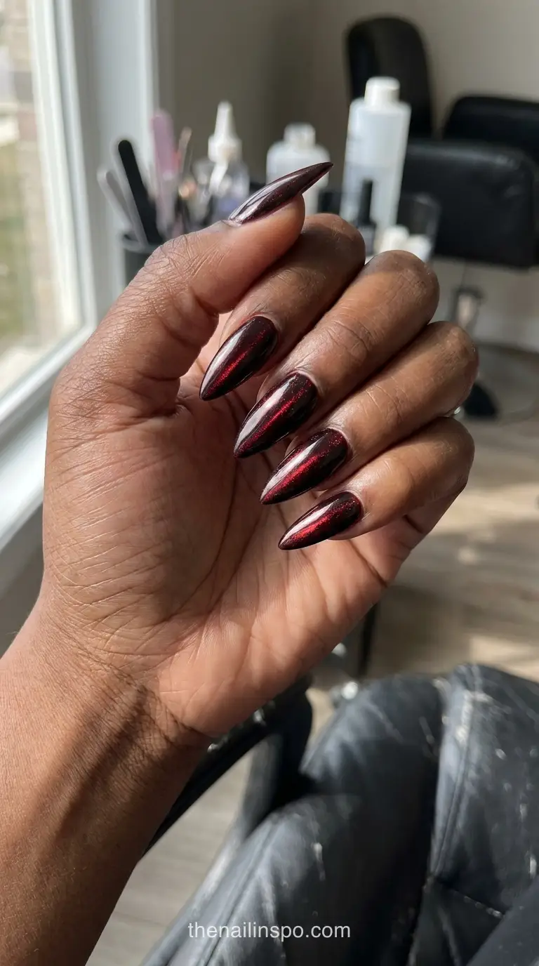 Black Cherry Chrome Stiletto Nails