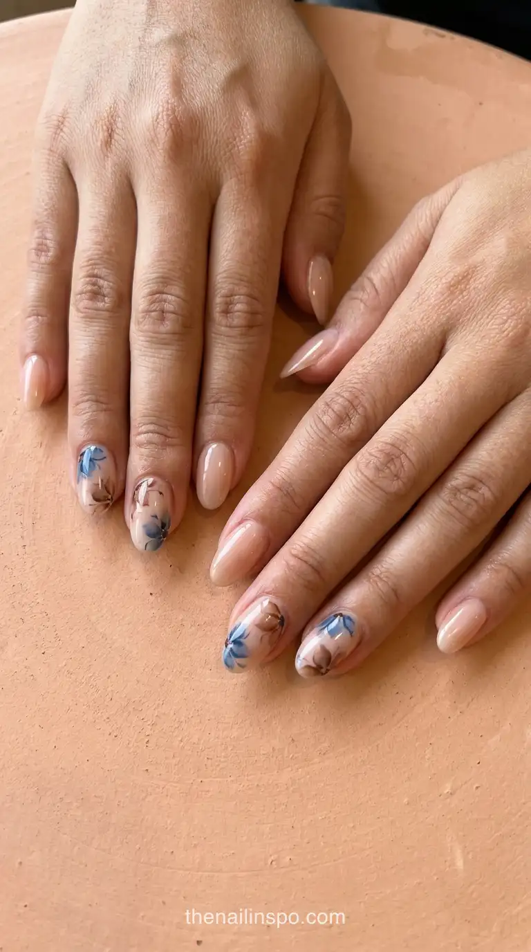 Blue Brown Blooming Gel Medium Oval Nails