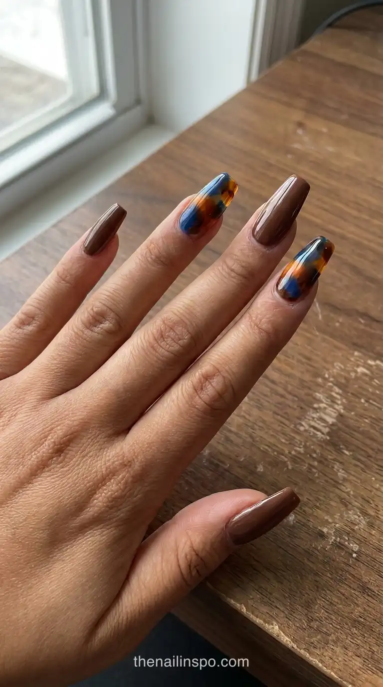 Blue Brown Tortoiseshell Long Coffin Nails