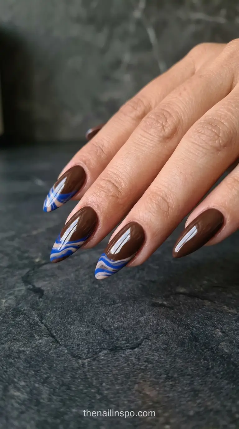 Blue Marble Chocolate Stiletto Nails