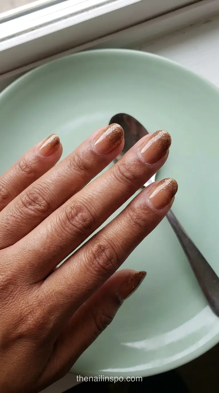 Bronze Glitter Medium Round Gradient Nails