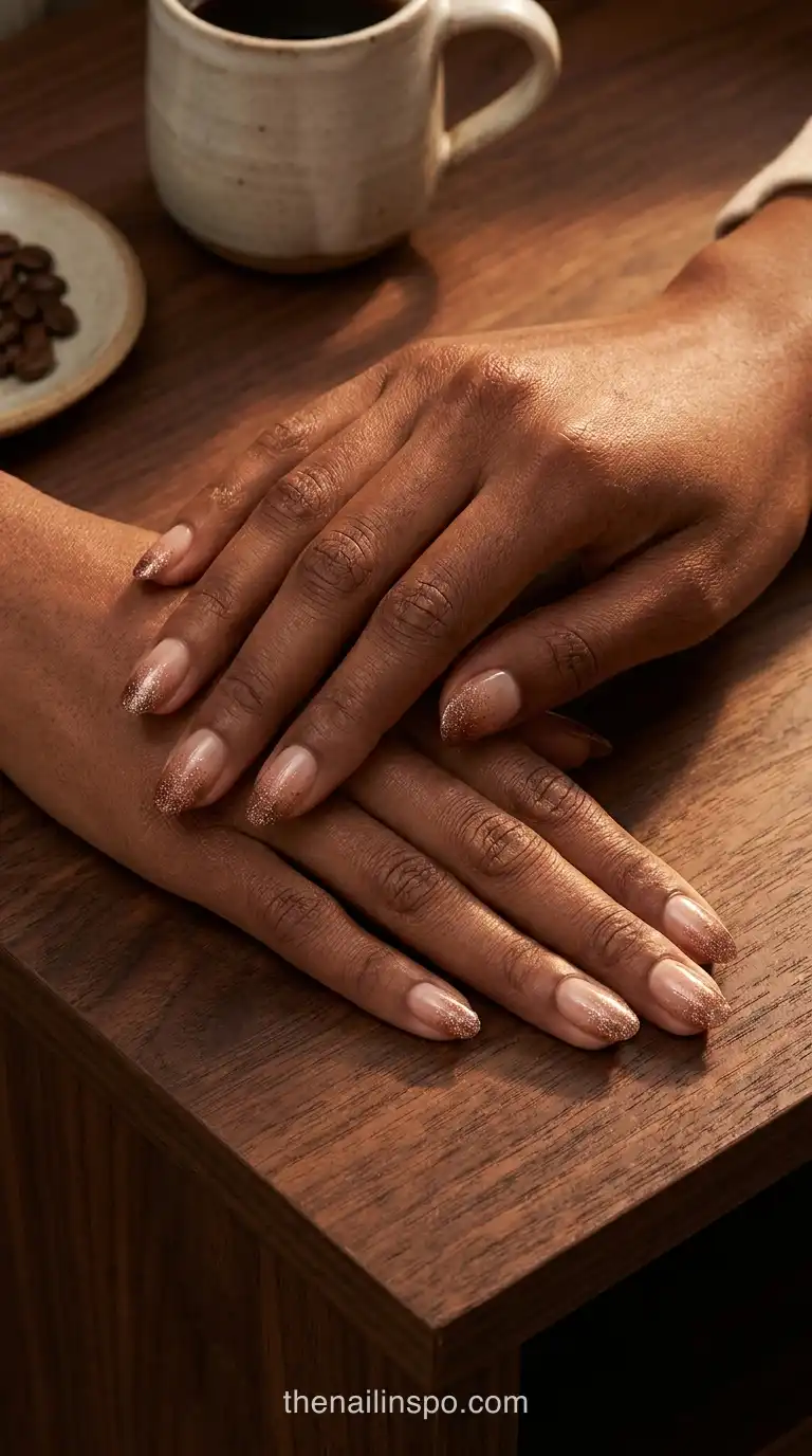 Bronze Glitter Oval Nails