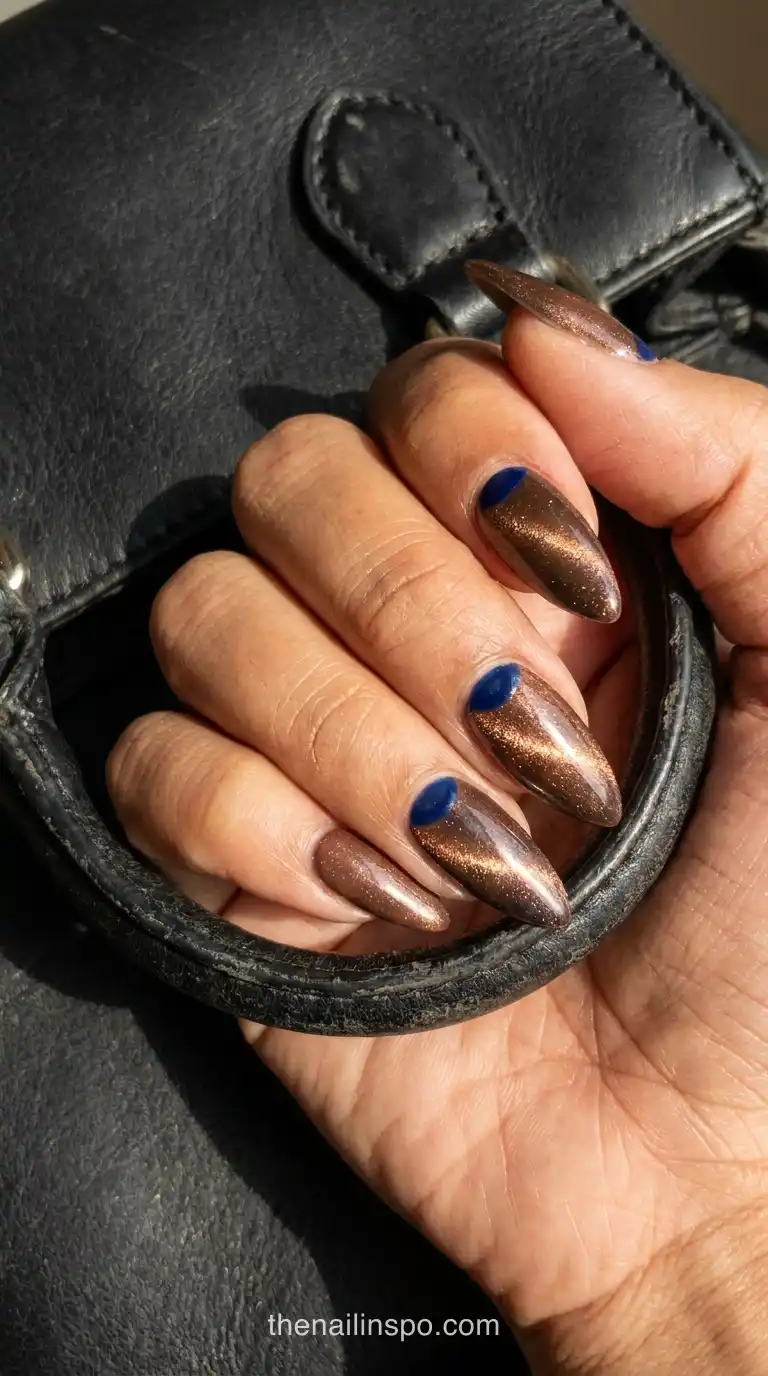 Brown Cat Eye Deep Blue Stiletto Nails
