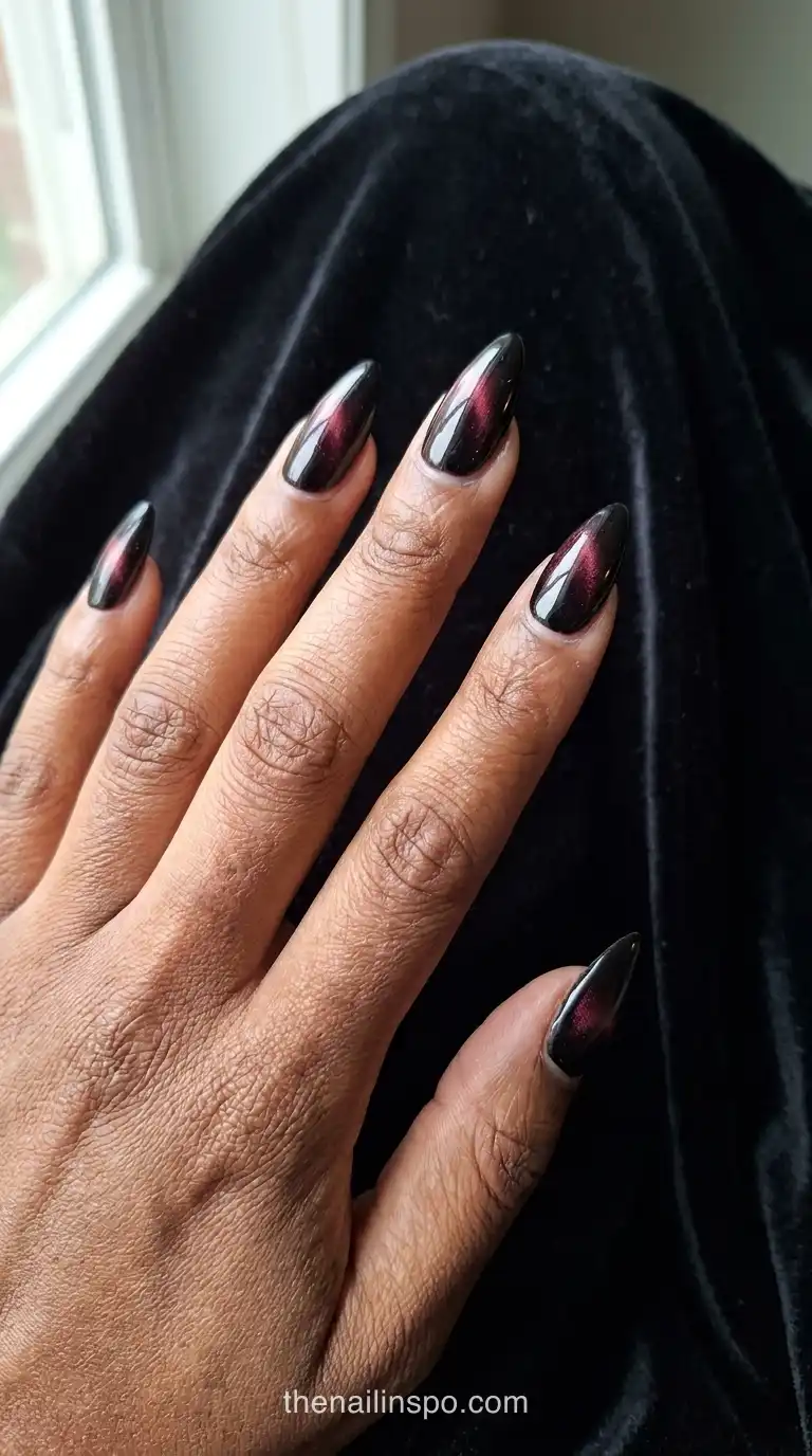 Burgundy Black Velvet Stiletto Nails