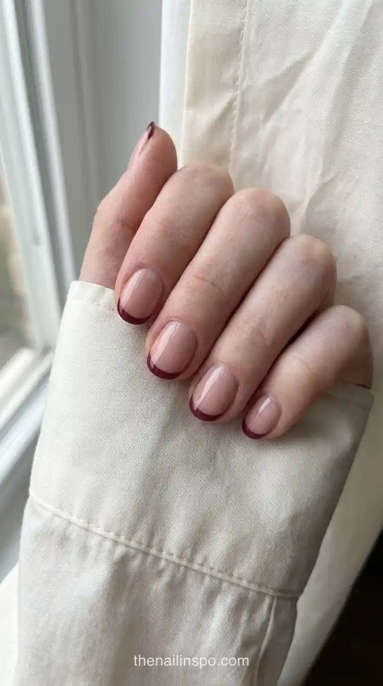 Burgundy Micro French Short Round Nails
