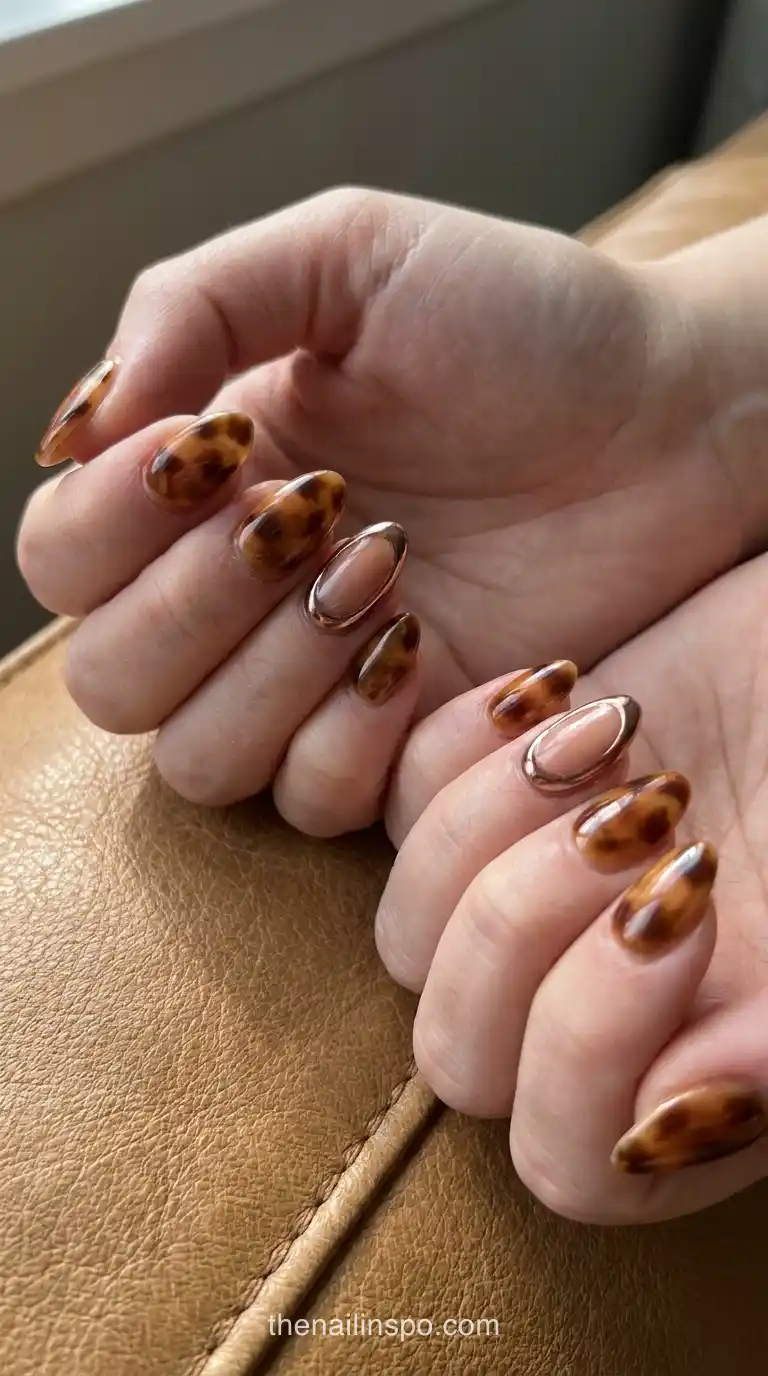 Caramel Tortoiseshell Chrome Almond Nails