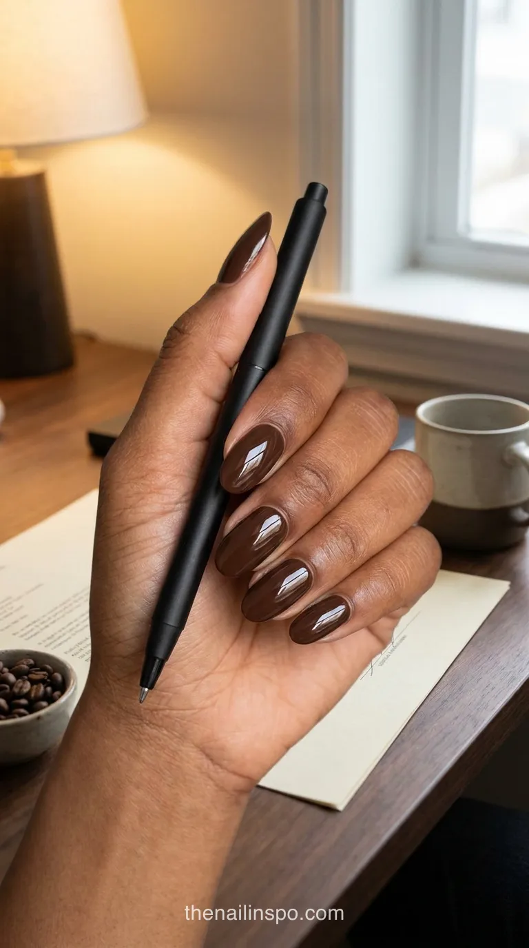 Chocolate Brown Glossy Oval Nails