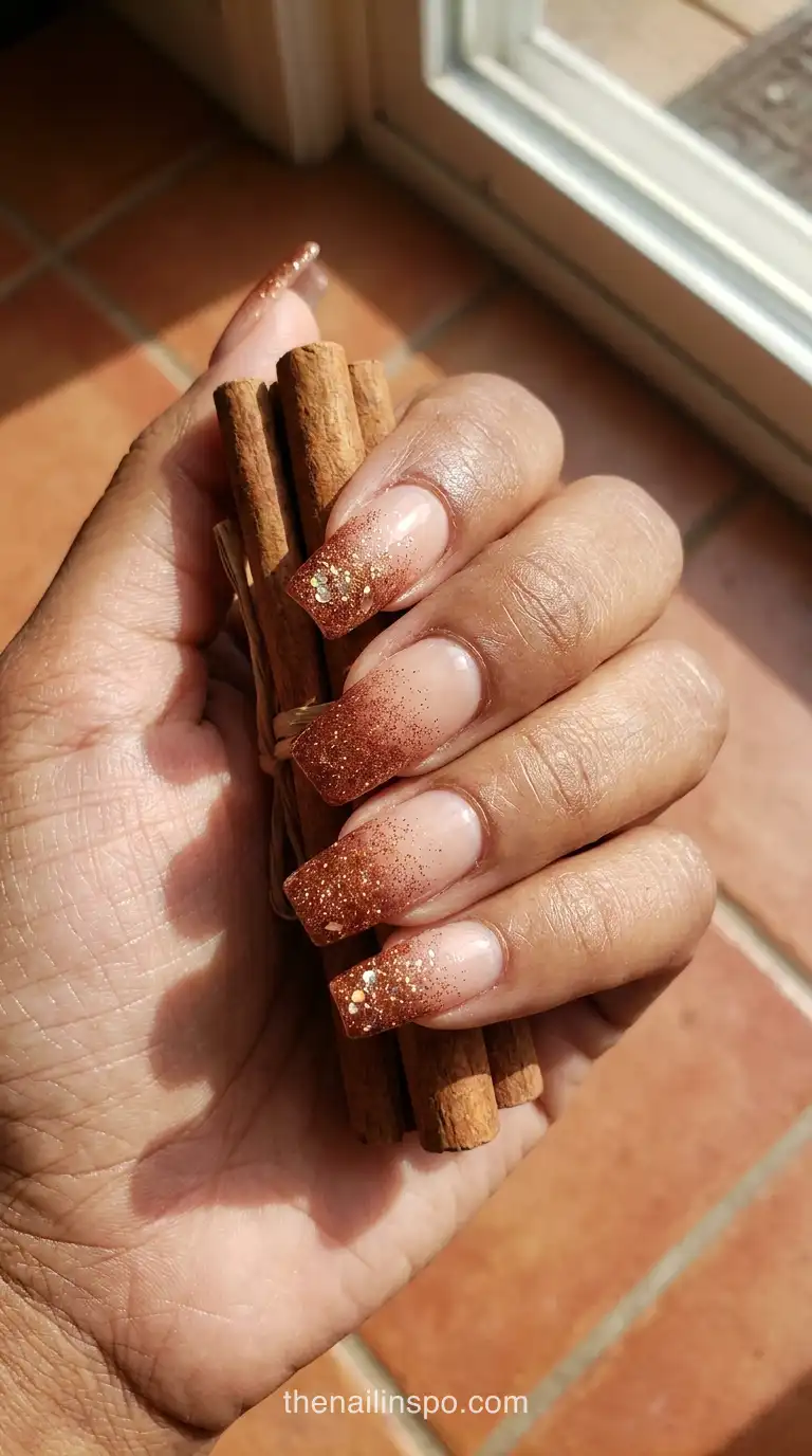 Cinnamon Glitter Square Nails