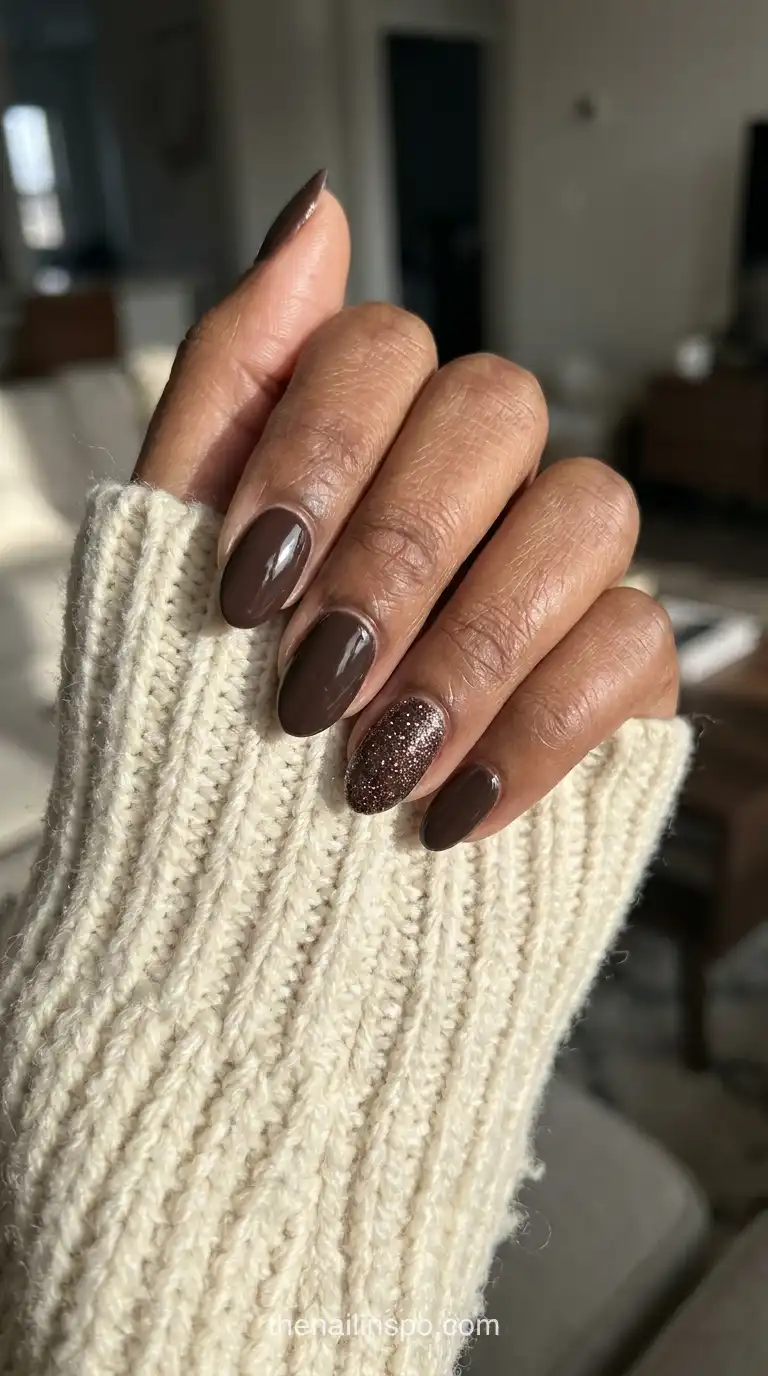 Cocoa Glitter Almond Nails