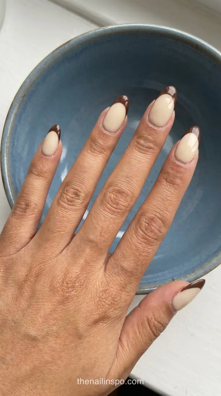 Cream Gloss Long Almond Brown Tip Nails