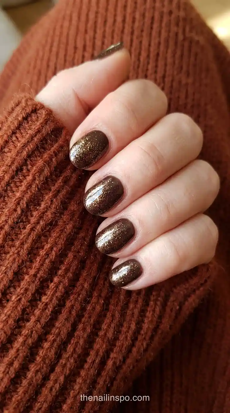 Deep Brown Glitter Short Oval Nails