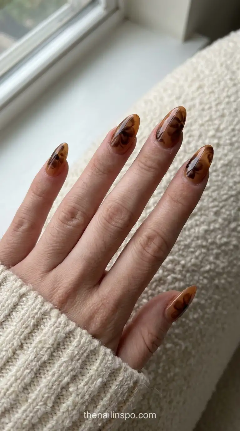 Deep Mocha Blooming Gel Almond Nails
