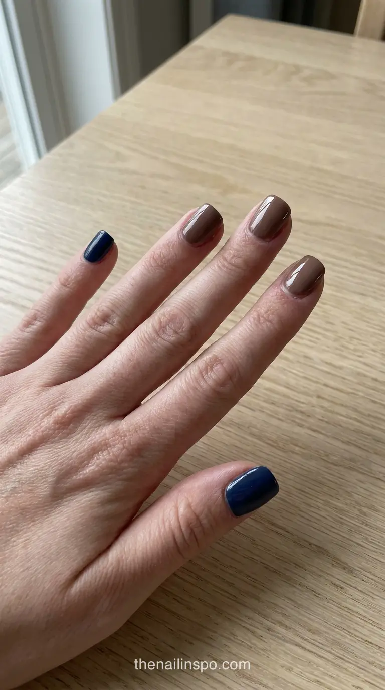 Deep Navy Mocha Glossy Short Square Nails