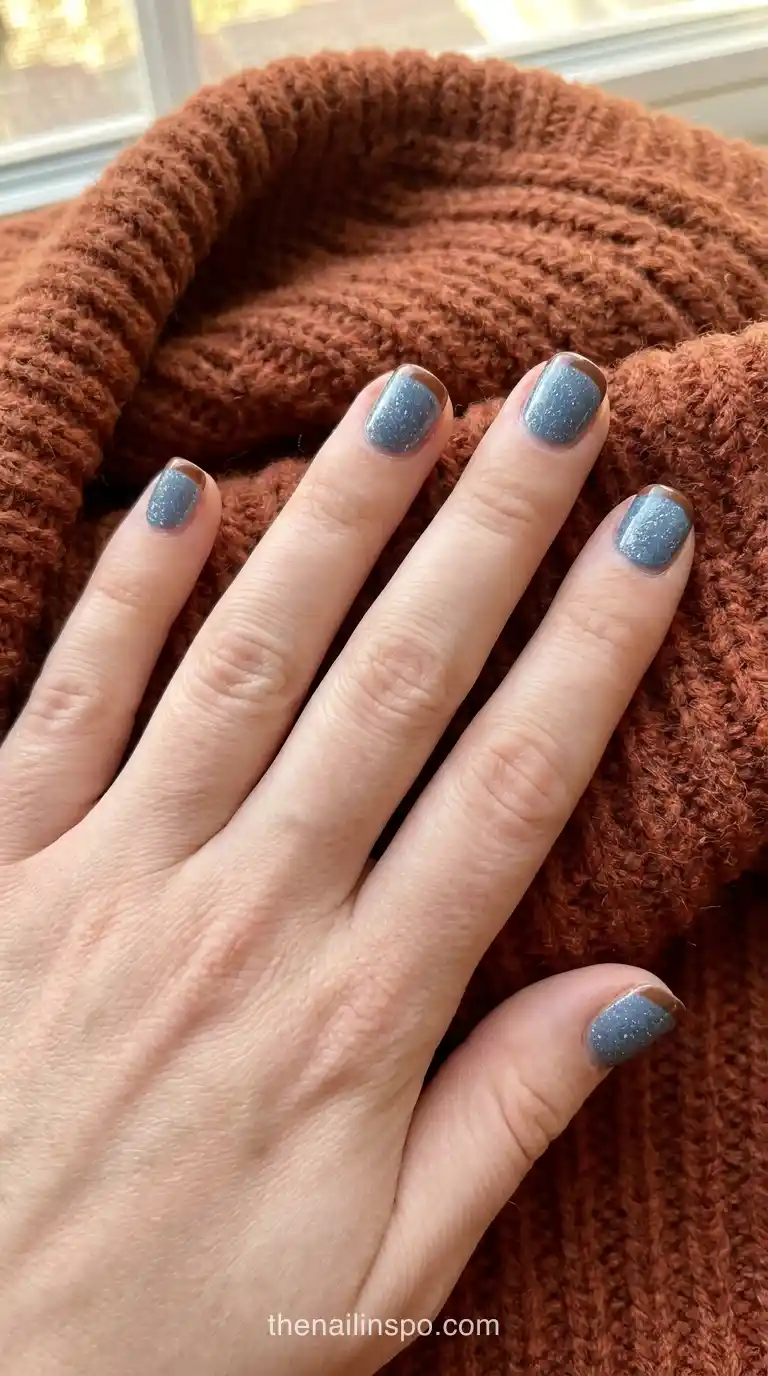 Dusty Blue Glitter Brown Short Square Nails