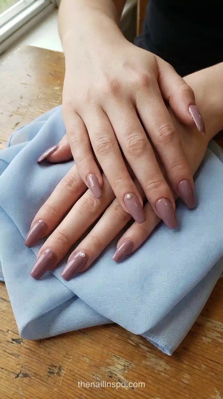 Dusty Mauve Gloss Long Coffin Pearl Nails