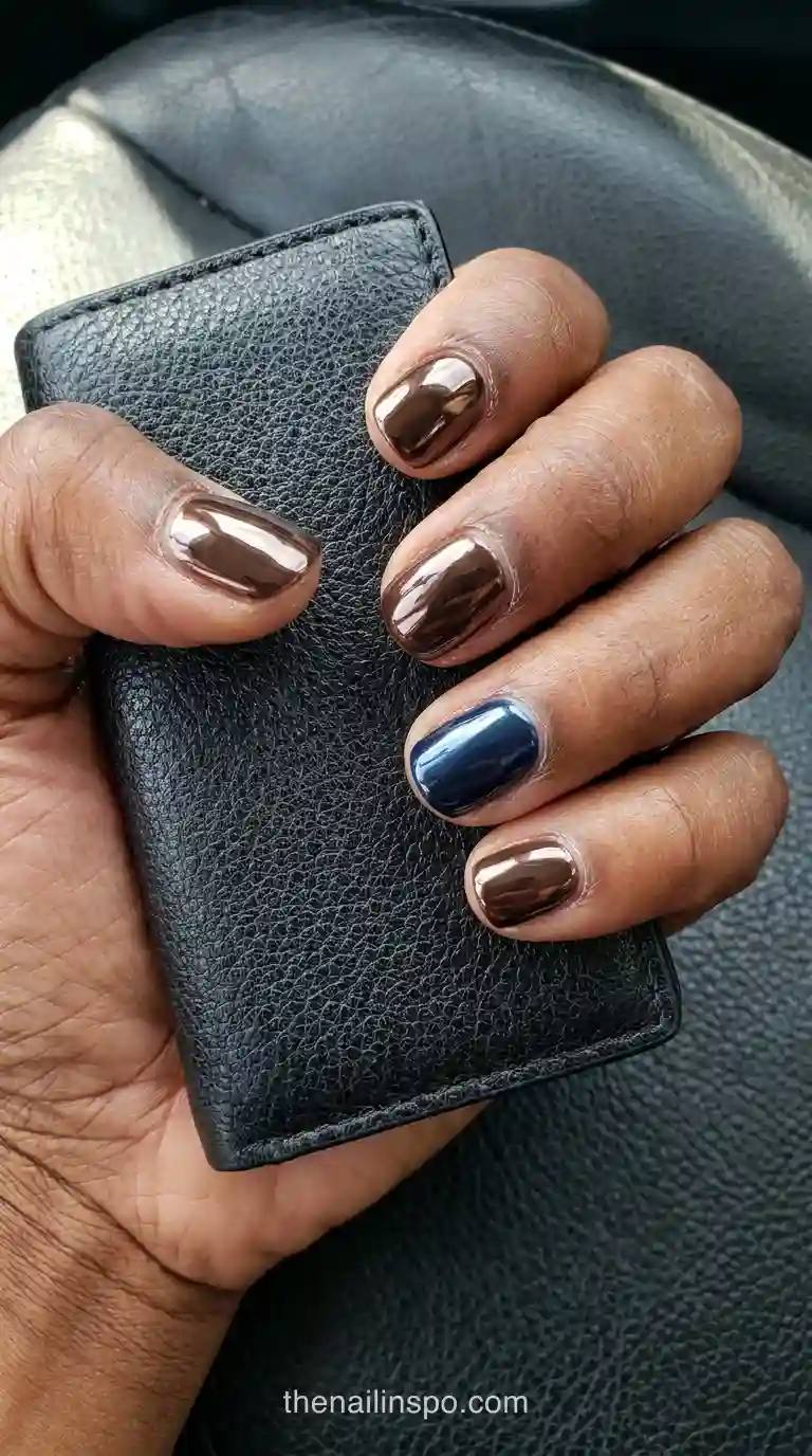 Espresso Chrome Short Round Blue Accent Nails