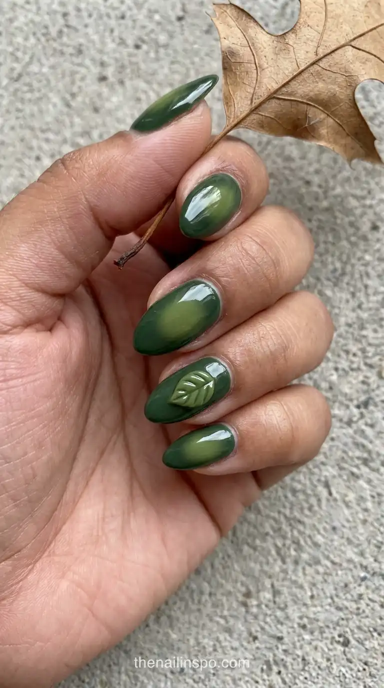 Forest Green Glossy Almond Nails
