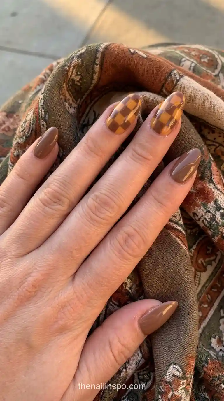Glossy Mocha Checkerboard Almond Nails