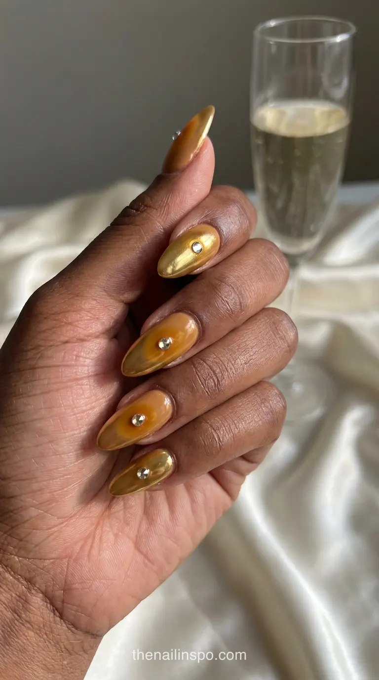 Golden Amber Chrome Almond Nails