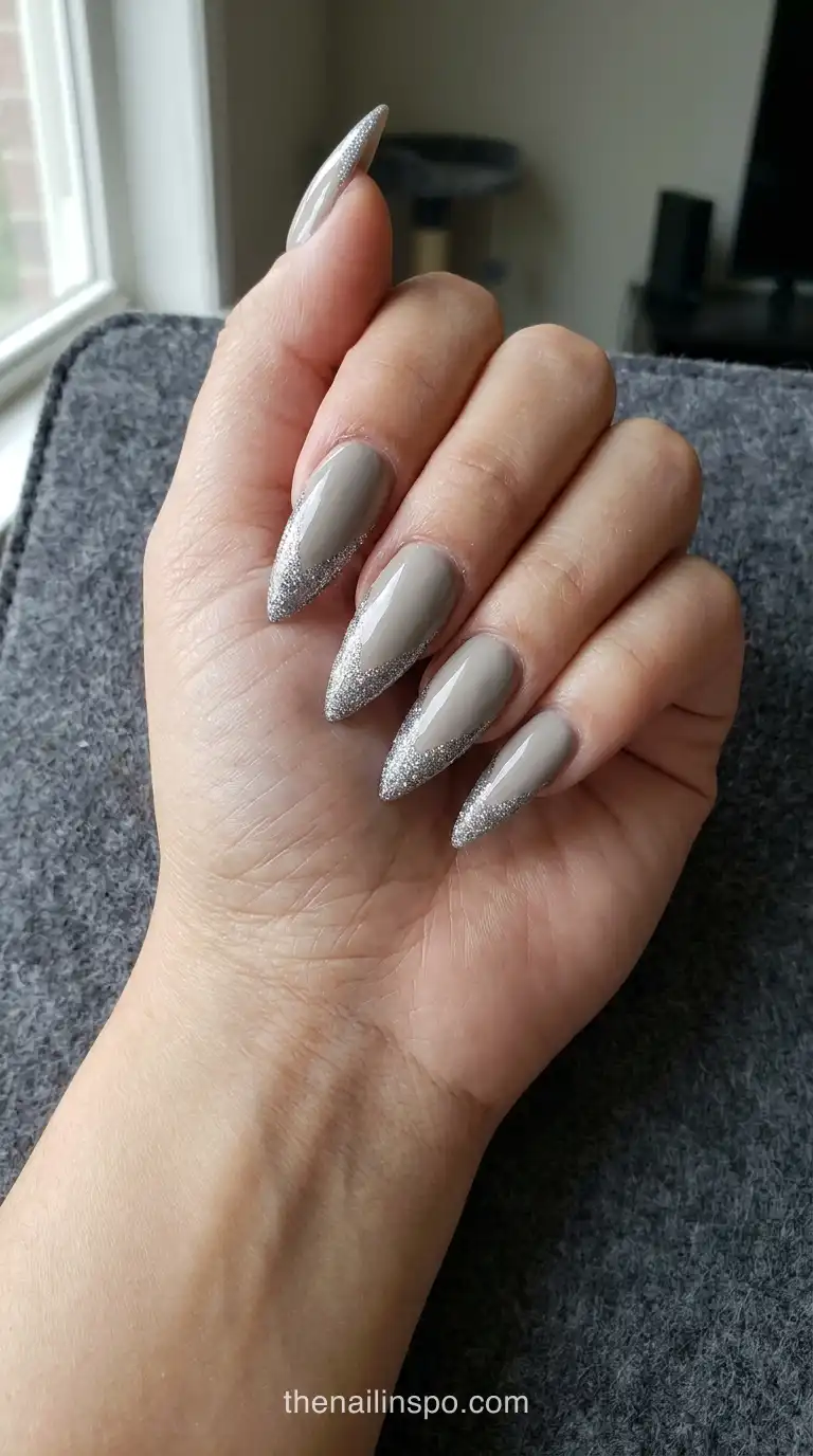 Greige Glitter Stiletto Nails
