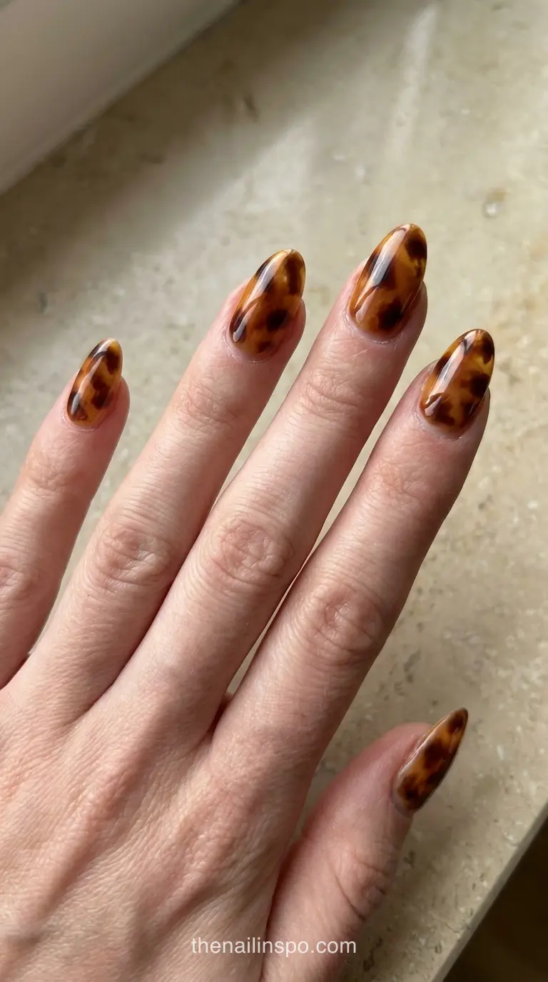 High Gloss Amber Tortoiseshell Almond Nails