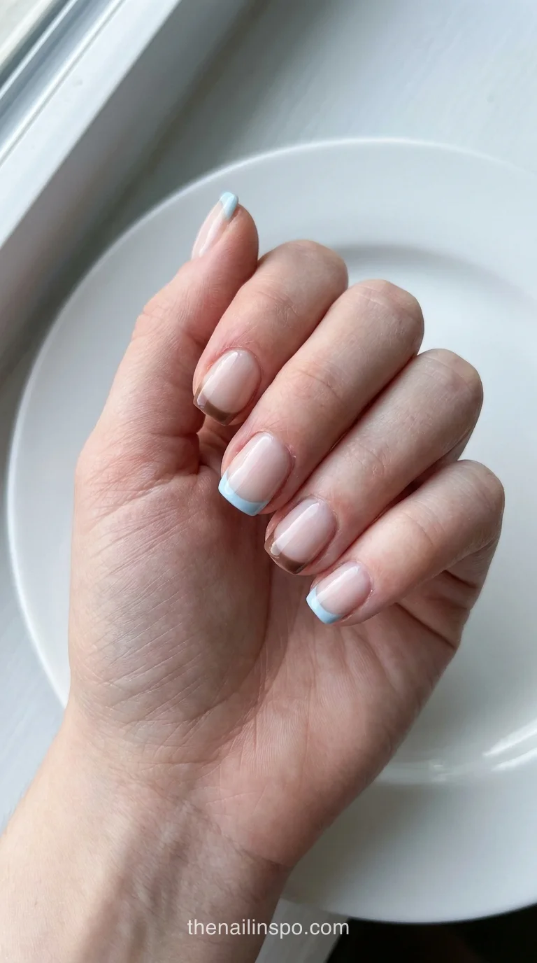 Icy Blue Mocha Short Square Micro French Nails
