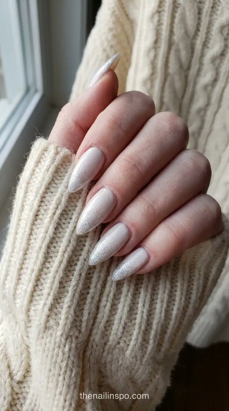 Icy Nude Glitter Stiletto Nails