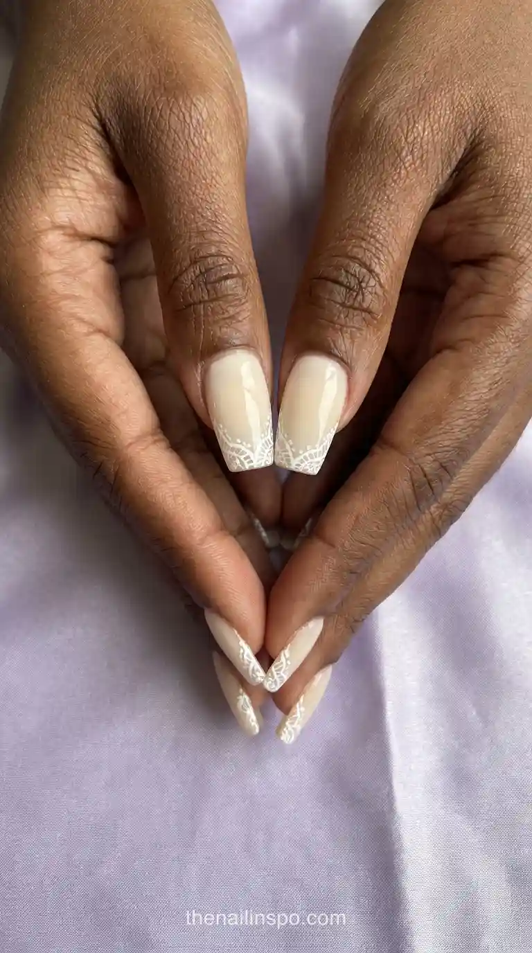 Ivory Sheer Long Square Lace Nails