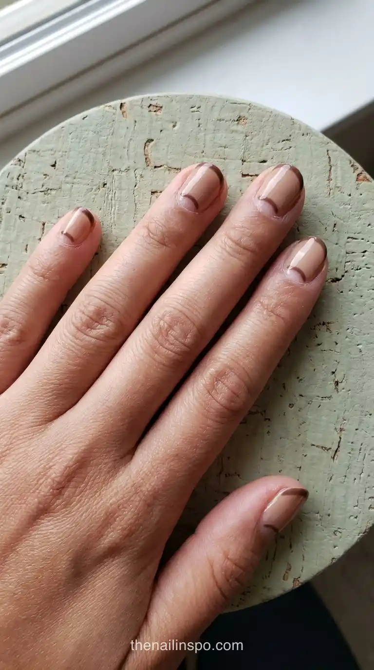 Latte Sheer Short Round Reverse French Nails