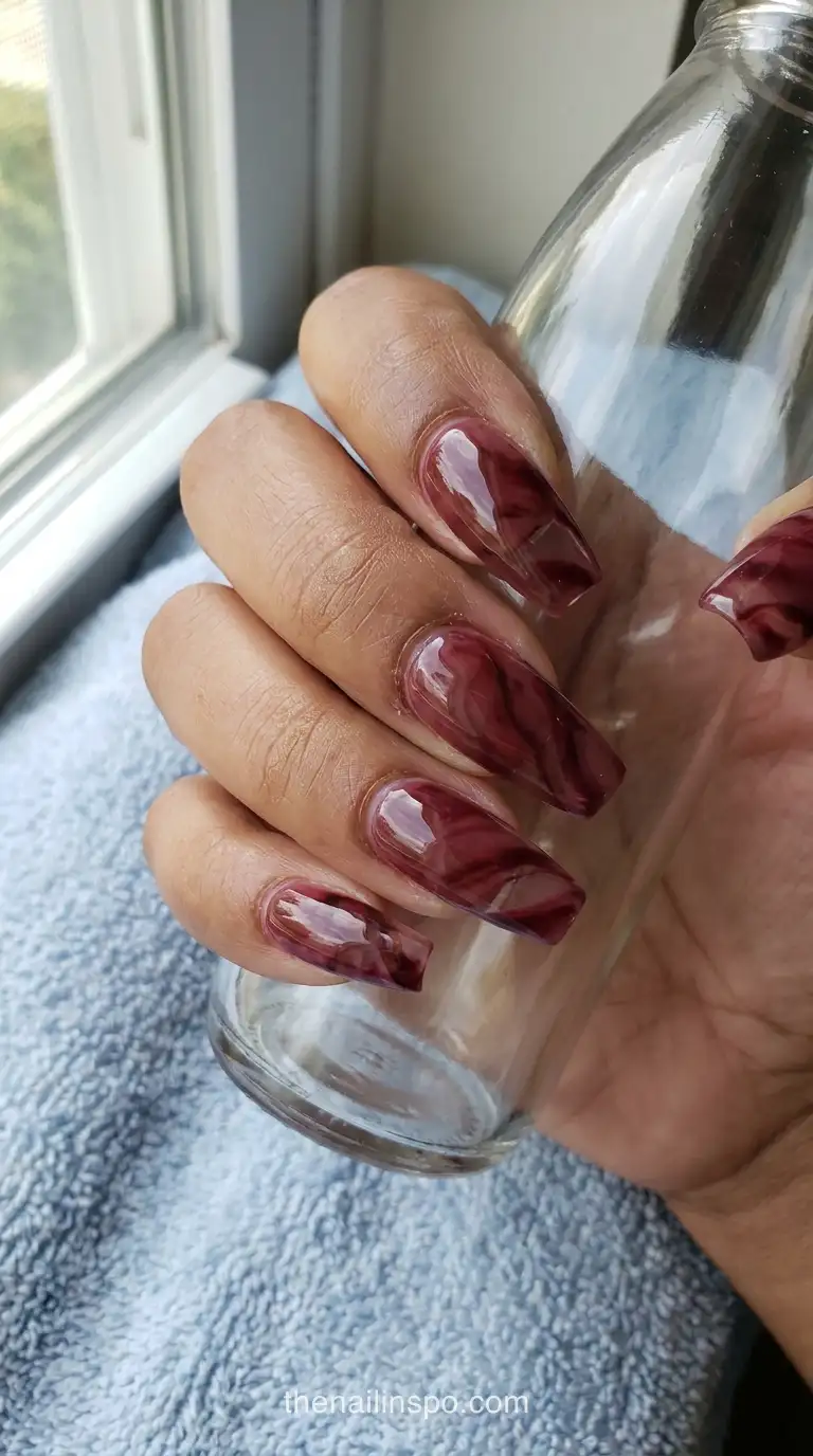 Merlot Jelly Long Coffin Marble Nails