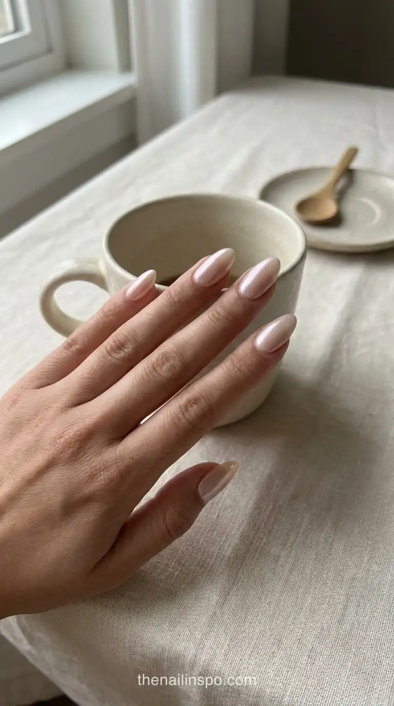 Milky Nude Chrome Almond Nails