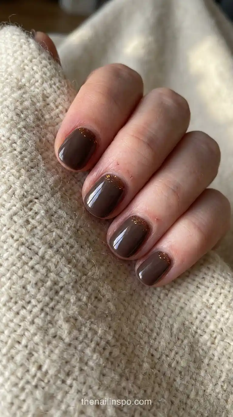 Mocha Glitter Half Moons Short Nails
