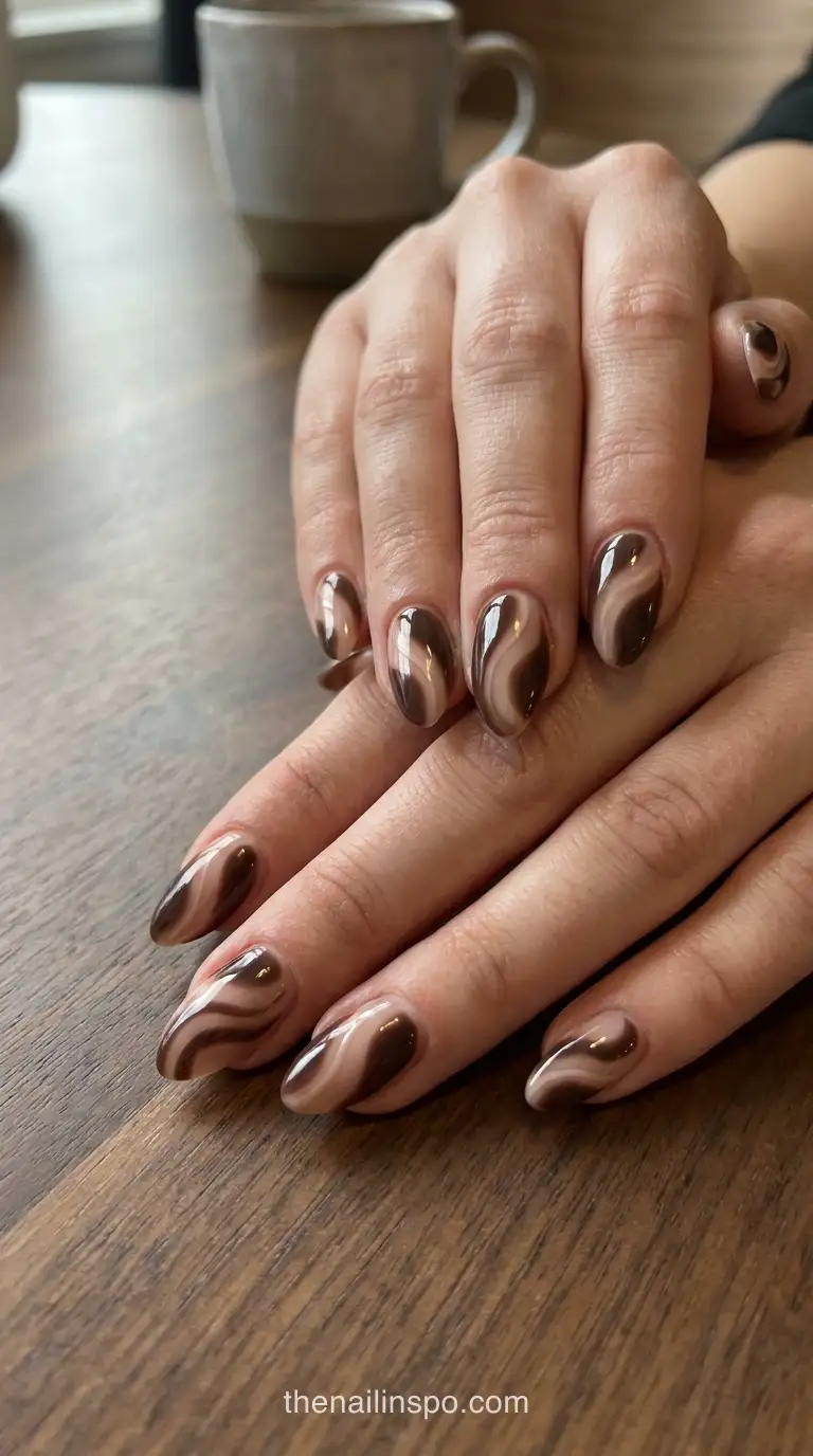 Mocha Swirl Negative Space Almond Nails