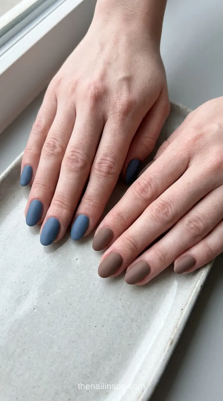 Muted Blue Brown Matte Oval Nails