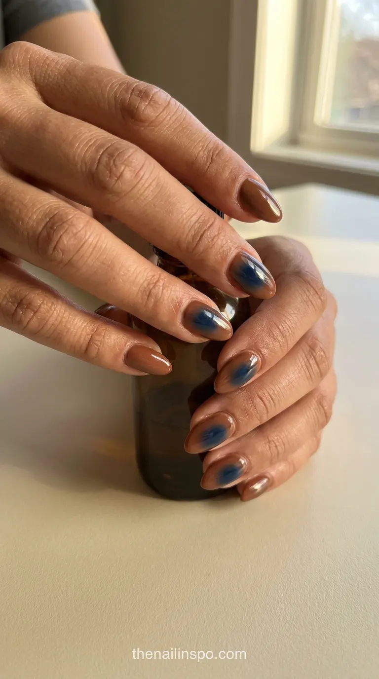 Navy Aura Warm Cocoa Almond Nails