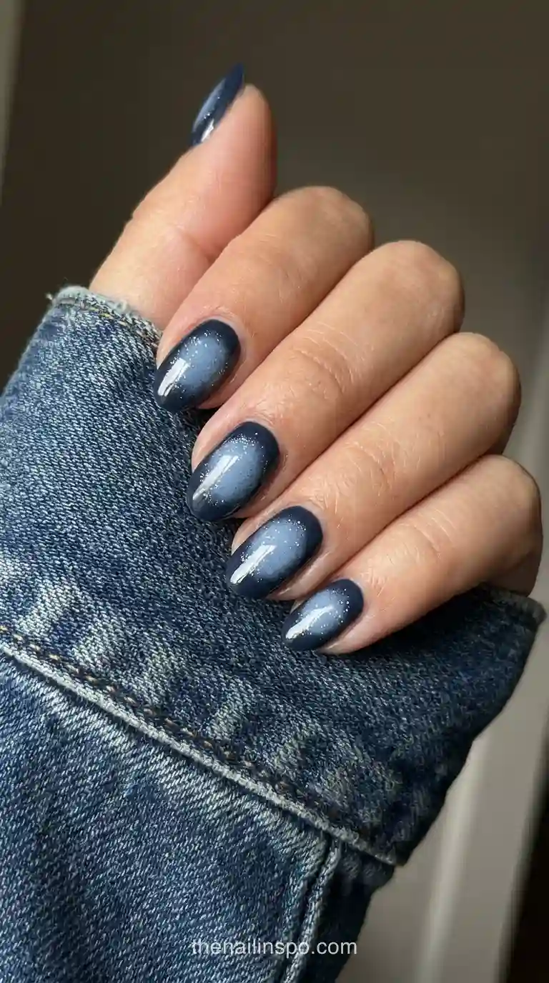 Navy Denim Glitter Oval Nails