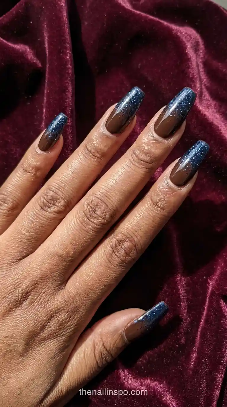 Navy Glitter Brown Long Coffin Nails