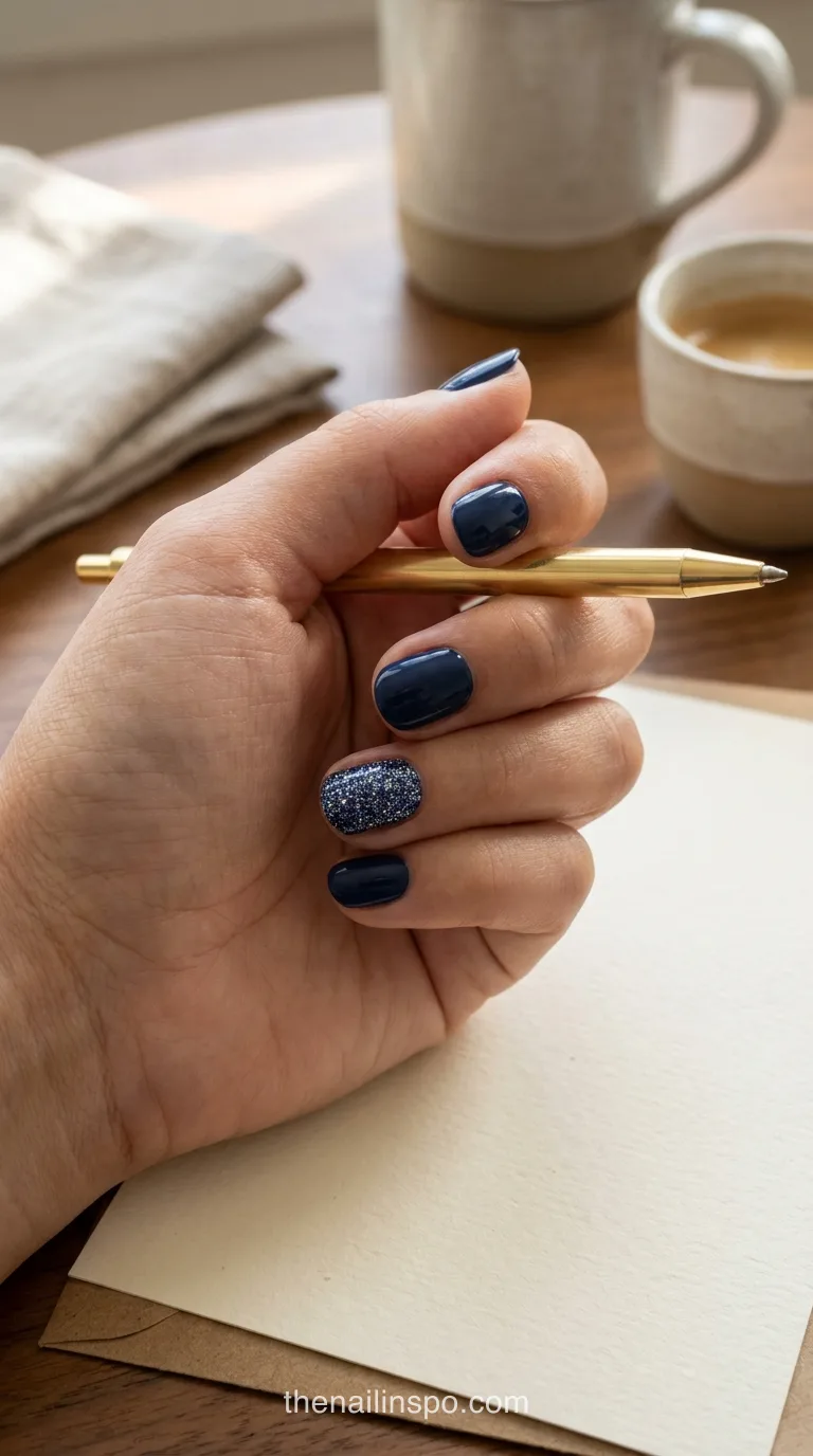 Navy Glitter Round Nails