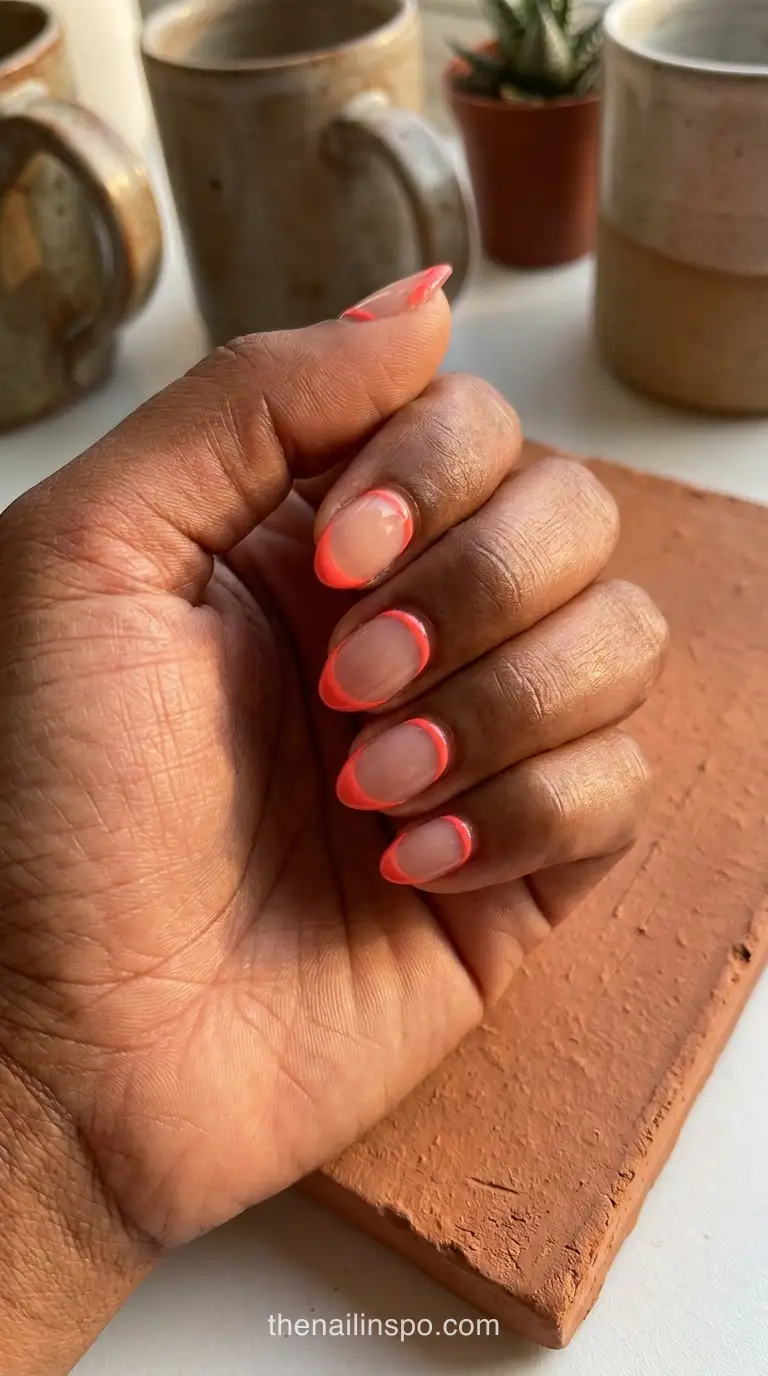 Neon Coral Glossy Almond Nails