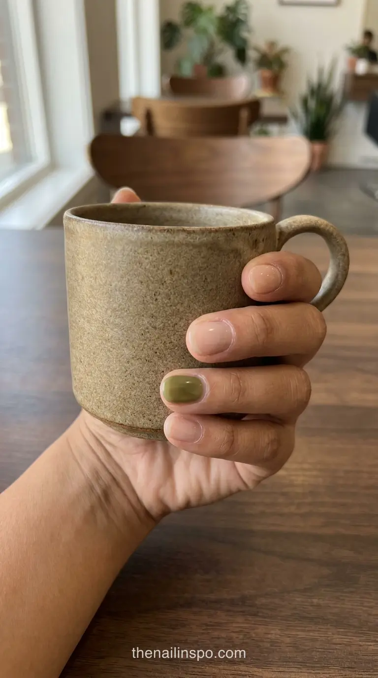 Olive Matte Accent Round Nails