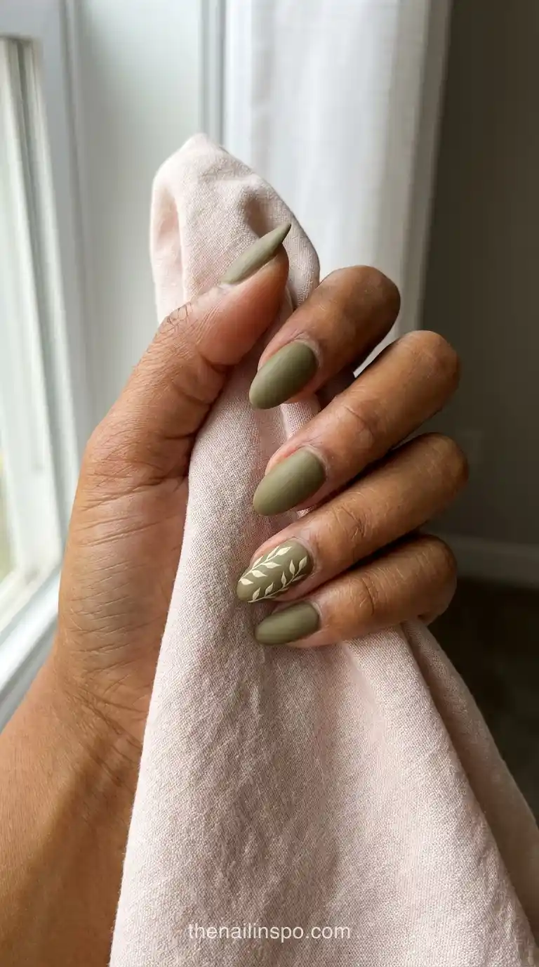 Olive Matte Medium Almond Branch Nails
