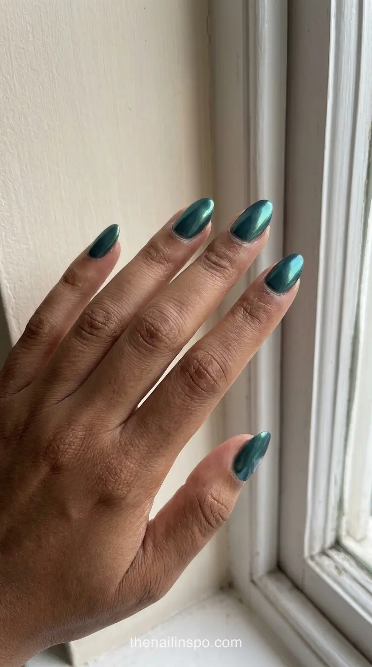 Petrol Chrome Medium Almond Nails
