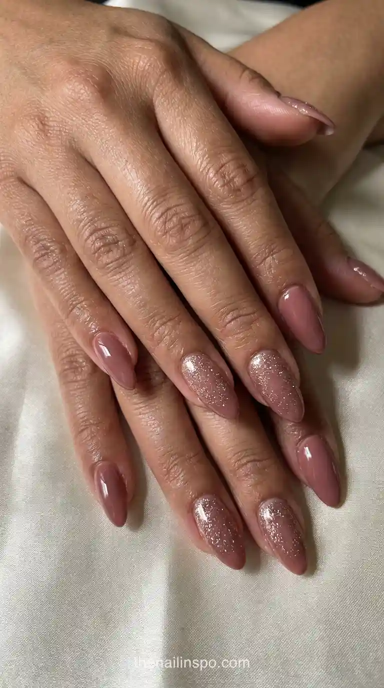 Rosewood Champagne Glitter Almond Nails