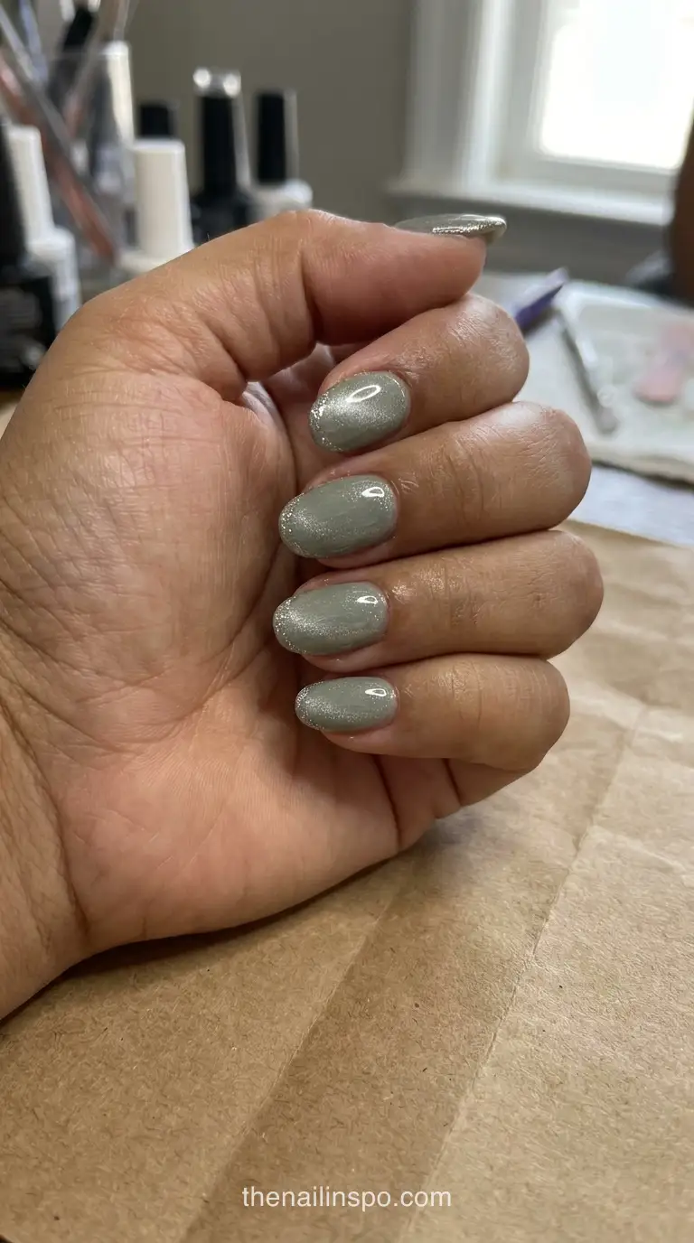 Sage Glitter Round Nails