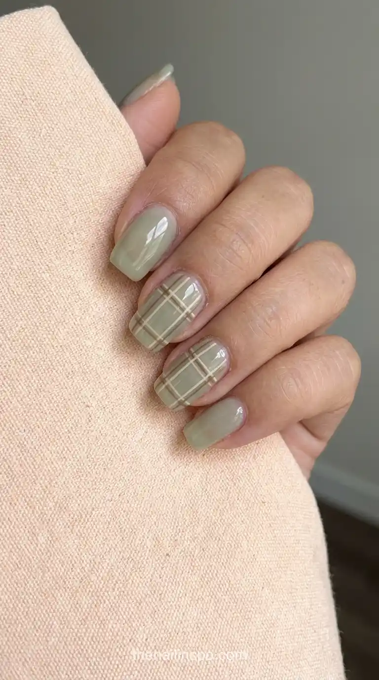Sage Sheer Medium Square Plaid Nails