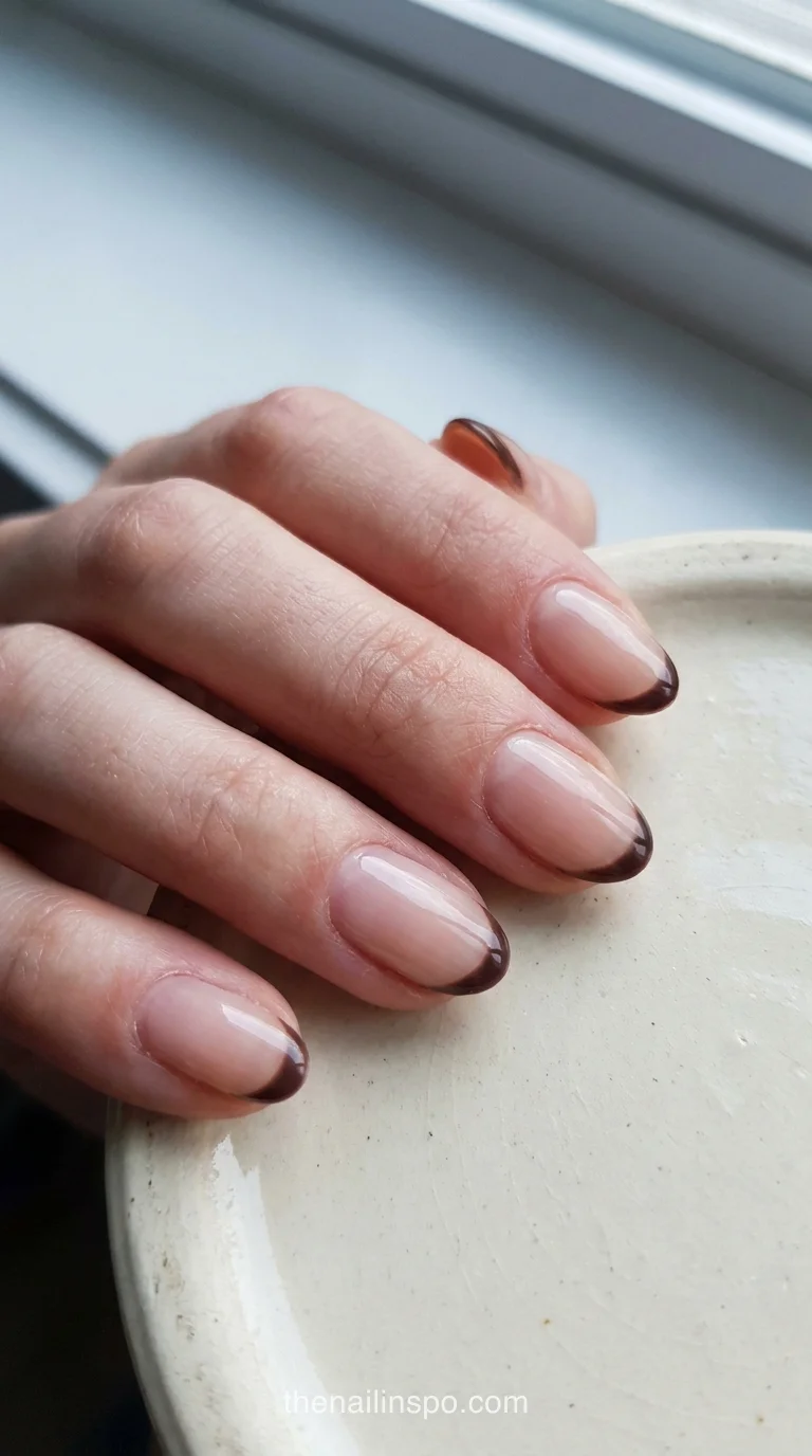 Short Mocha Micro French Almond Nails