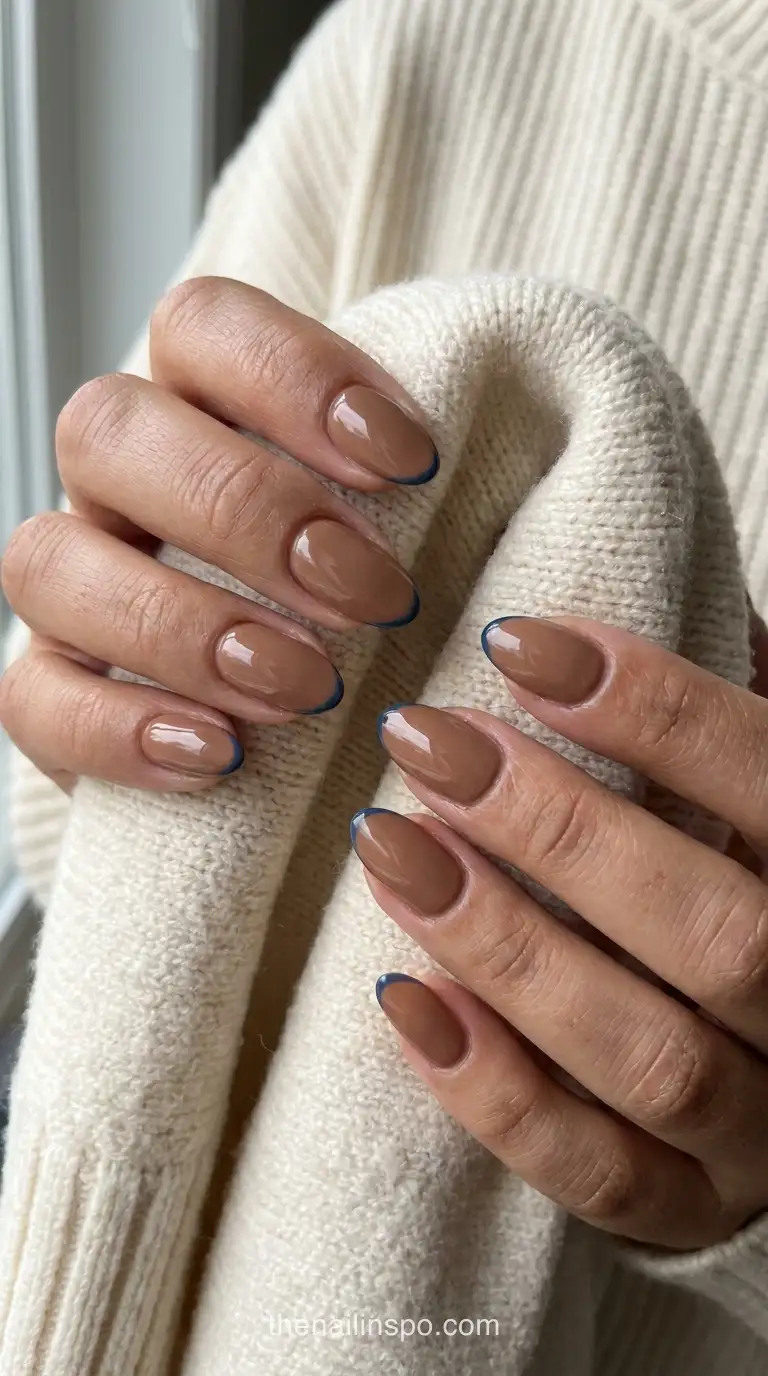 Soft Brown Blue Glossy Medium Almond Nails